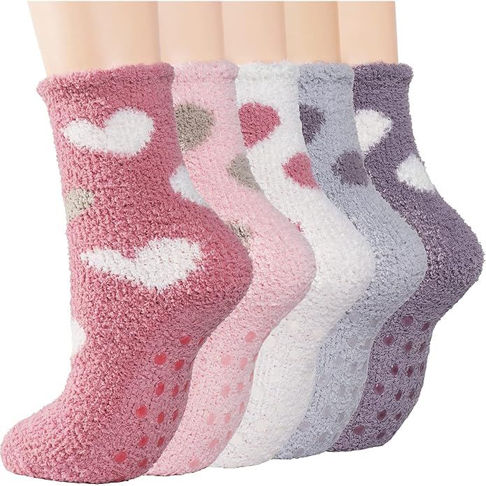 Fuzzy Slipper Socks for Women Fluffy Warm Cozy Socks with Grips Non Slip Winter Girls Soft Socks ... | Amazon (US)