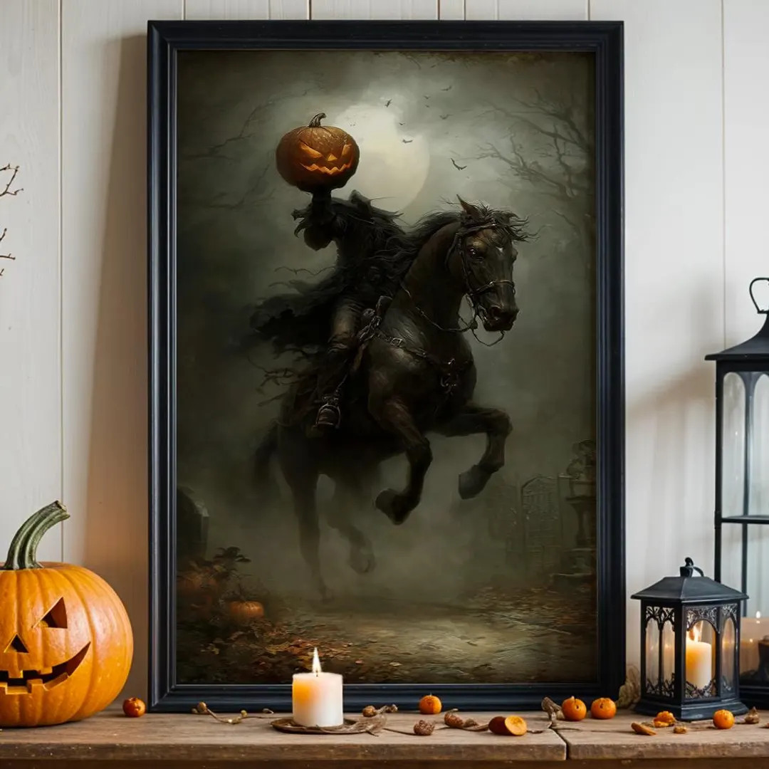 Headless Horseman Halloween Print, Pumpkin in Hand Riding Through Autumn Forest Poster, Dark Fant... | Etsy (US)