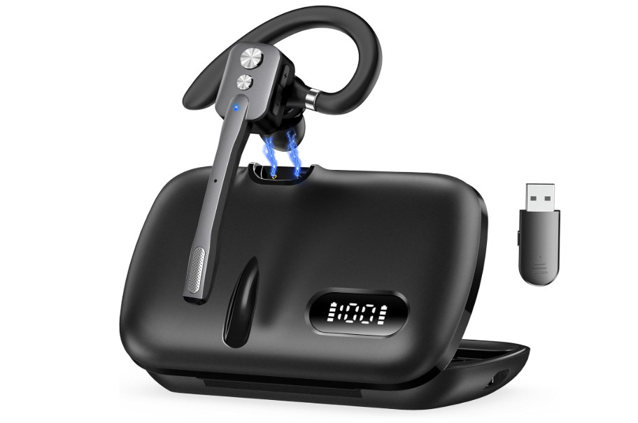 Bluetooth Headset, Wireless Bluetooth Earpiece with Dual-Mic & Noise Canceling, Single Ear Headset with Mute for Business, Remote Work, V5.3 Hand-Free headset for iOS Android Cell Phone (Gray) 

 