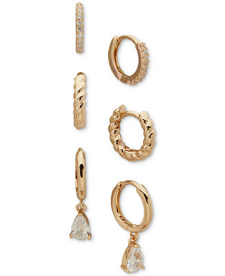 Metal 3-Pc. Set Texture Crystal Hoop Earrings | Macy's
