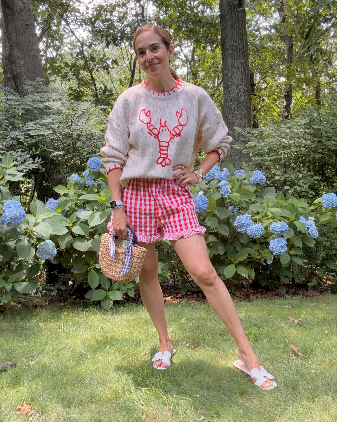 Magic little summer nights like these ✨🐚 wearing my lobster sweater and cute gingham ruffle long shorts (under $15!) and designer inspired sandals that I wear every summer the last few years and they are a staple! My little straw bag finishes the look. The sweater is perfect for a little beach stroll at low tide when the wind picks up a bit and screams Americana and New England. It’s from a small local boutique but I found similar!

#LTKootd #LTKmomlife #LTKSaleAlert