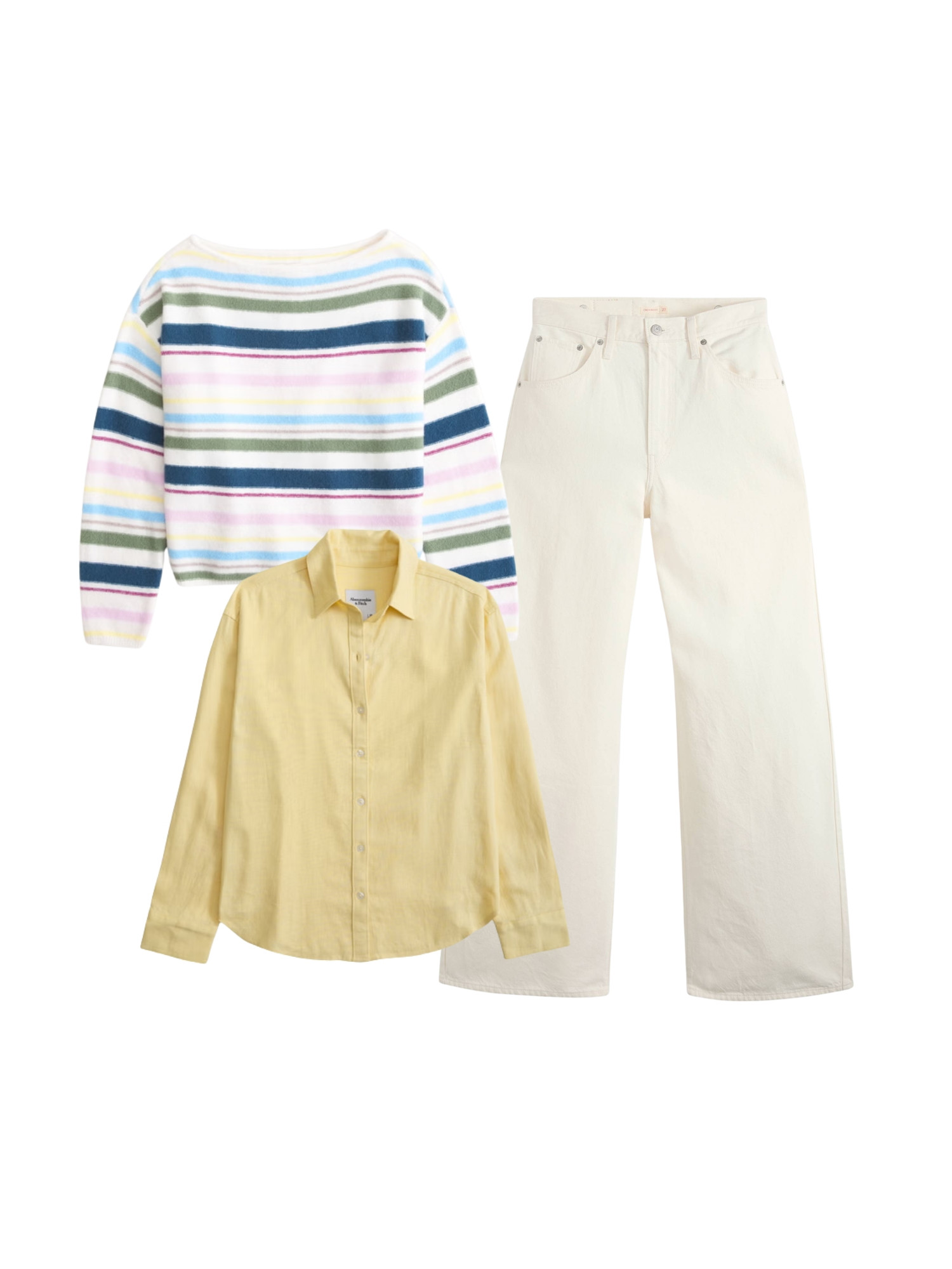 Easter outfit inspo - Sunny Layering. Colourful stripe jumper, yellow linen shirt and white denim jeans, dopamine bright dressing 

 #LTKspring #LTKstyletip