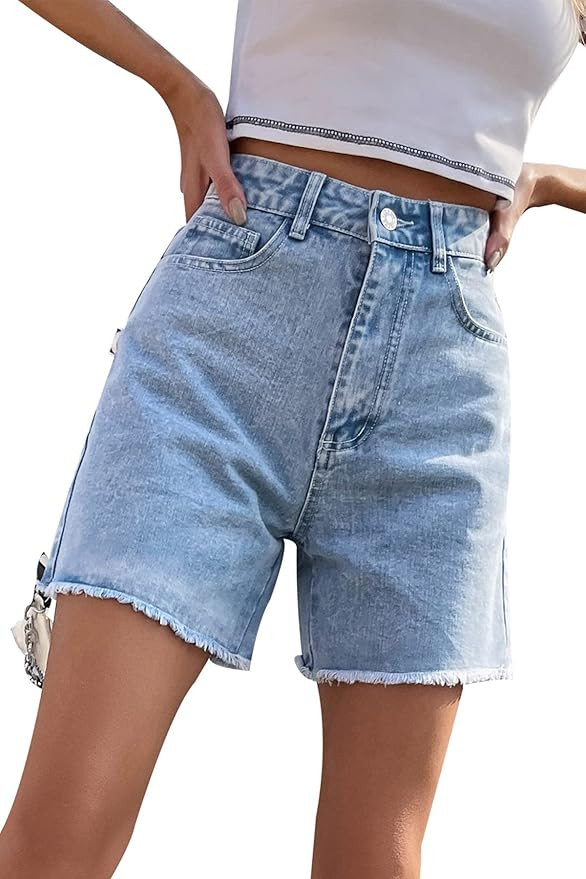 KINGFEN Women's High Waist Denim Shorts Raw Hem Jean Shorts Casual Summer Straight Wide Leg Pants... | Amazon (US)