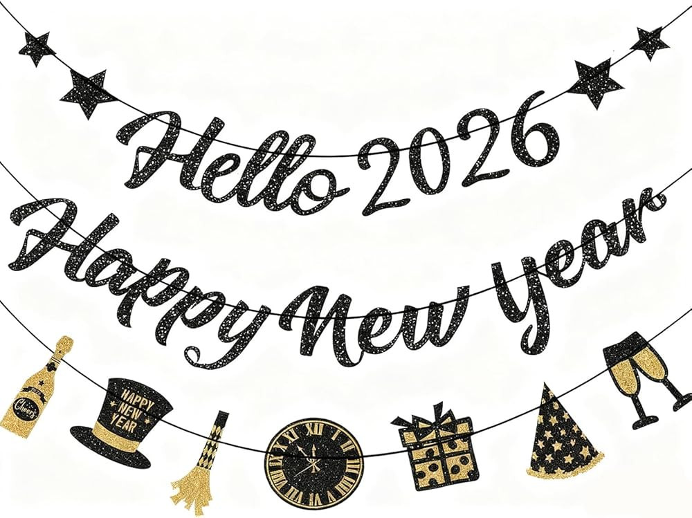 IMISHM Glitter Black New Years Decorations New Years Party Decorations 2026 Pre Strung New Year | Amazon (US)