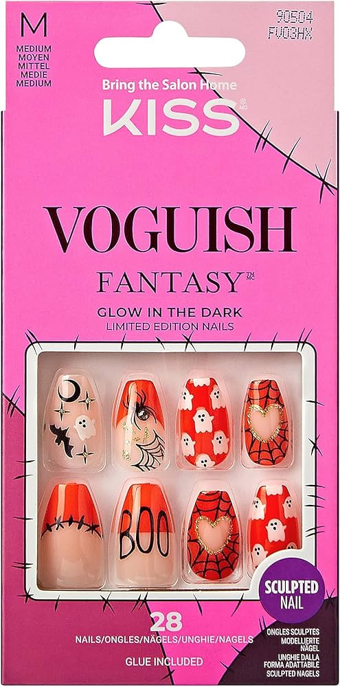 KISS Voguish Fantasy Halloween Nails, Orange, Medium Length, Coffin Shape, Pink Gel Nail Glue (2g... | Amazon (US)