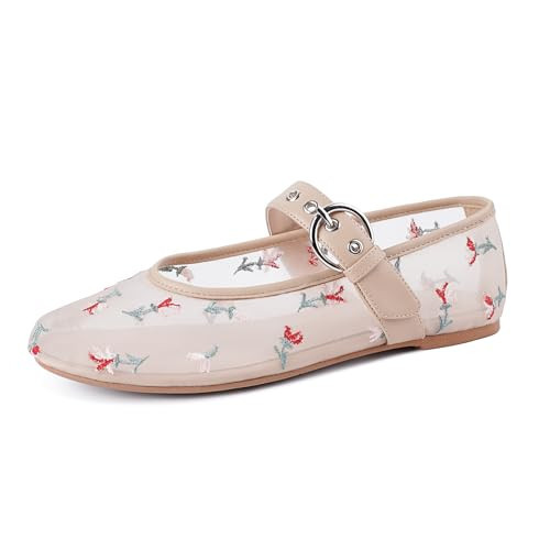 Gothictor Mesh Flats for Women Embroidered Floral Mesh Ballet Flats Round Toe Mary Jane Shoes Adjustable Buckle Straps Casul Ballerina Dress Shoes Beige 10 | Amazon (US)