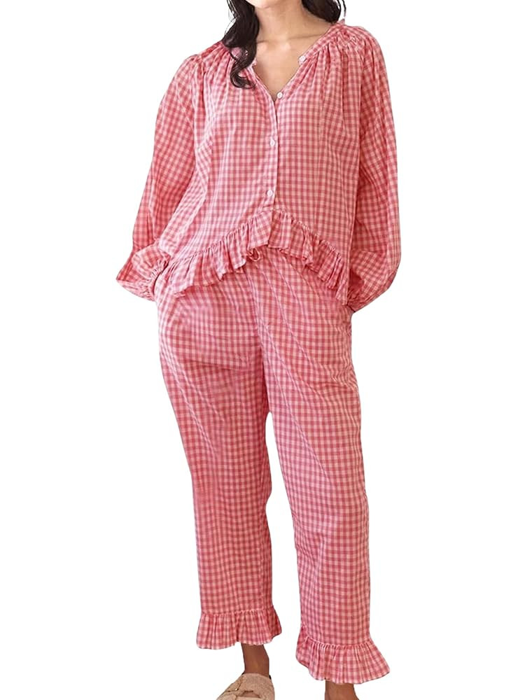Womens Gingham Pajama Set 2 Piece Long Sleeve Babydoll Shirt and Pants Matching Lounge Set Fall O... | Amazon (US)
