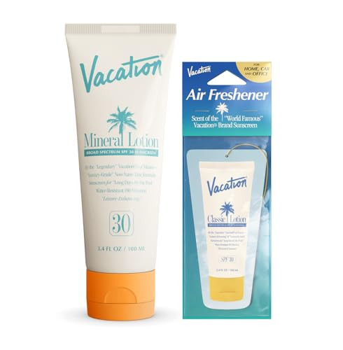 Vacation Mineral Lotion Sunscreen SPF 30 & Air Freshener Bundle, Non-Nano Zinc Oxide Formula, No White Cast, Water-Resistant, Dermatologist-Tested, Vegan, Travel Size, 3.4 Fl. Oz. | Amazon (US)