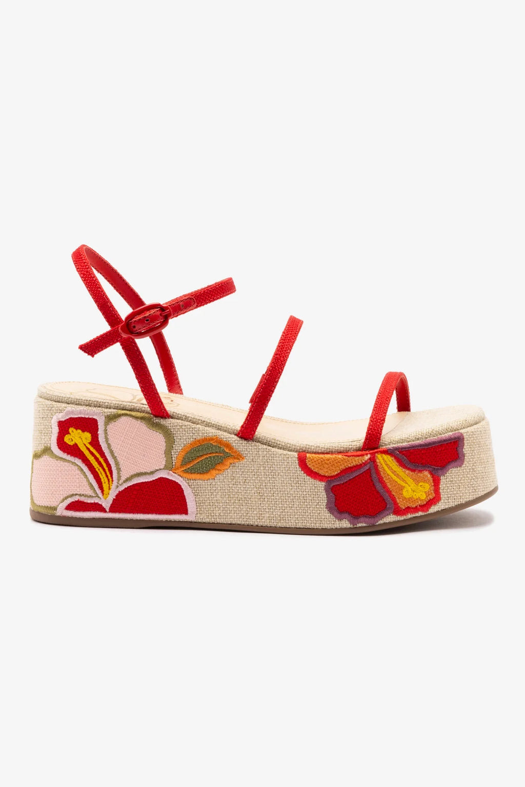 Gio Flatform Sandal In Scarlet Raffia and Hibiscus Embroidery | Larroude