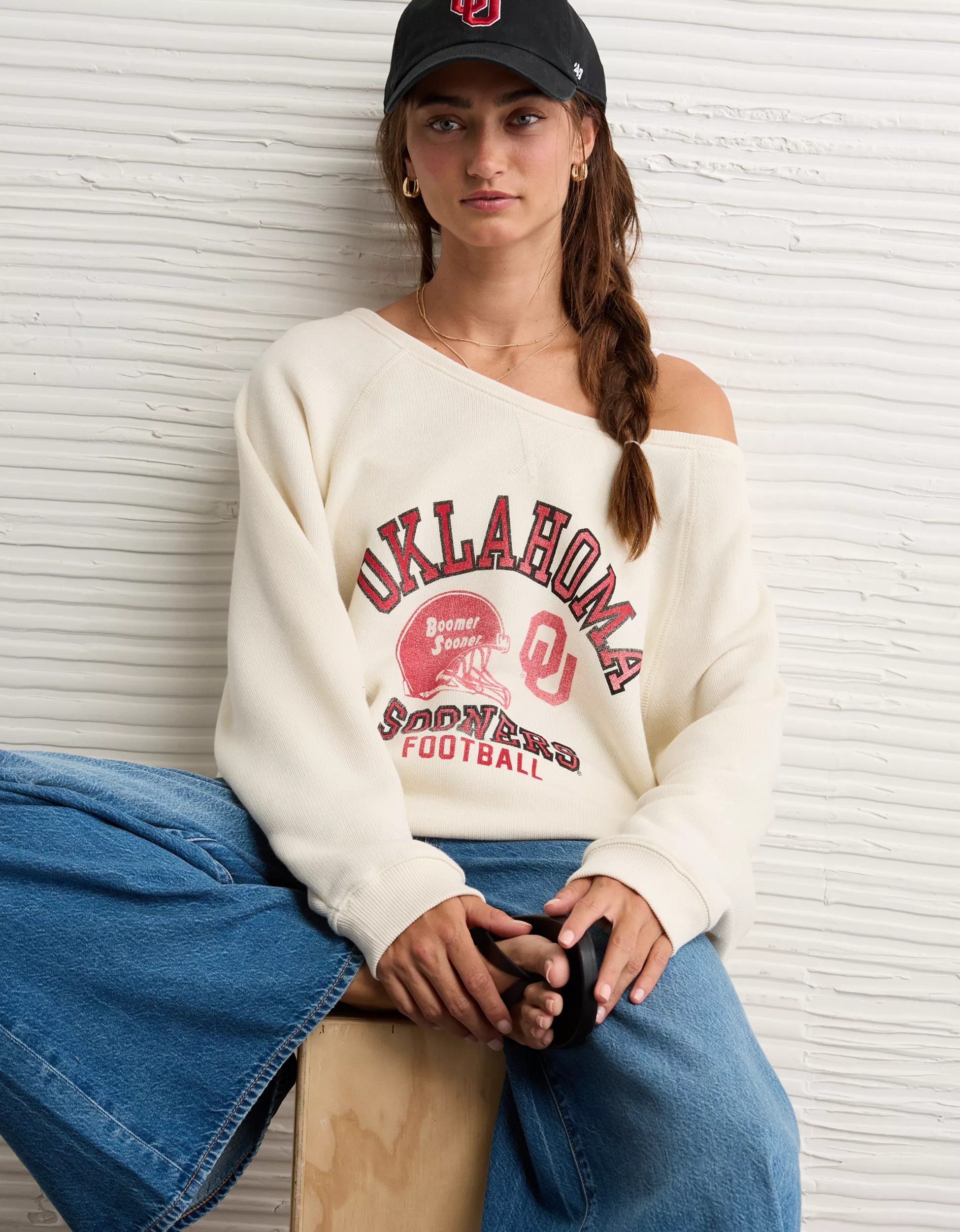 AE Oklahoma University Graphic Off The Shoulder Sweatshirt | American Eagle Outfitters (US & CA)