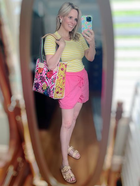 Yellow striped t-shirt, pink pull on shorts, colorful tote, flat sandals, summer mom outfits 

#LTKFindsUnder100 #LTKFindsUnder50 #LTKOver40