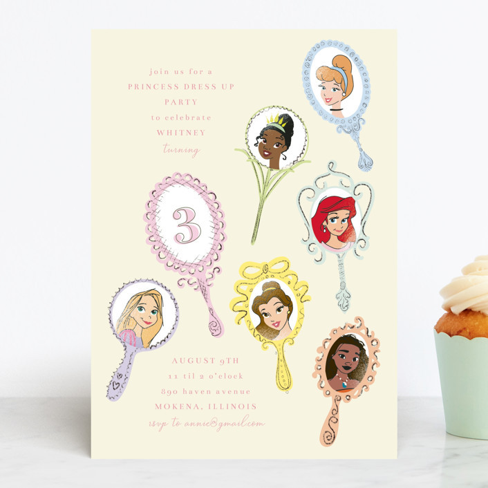 "Disney Princess Mirrors" - Customizable Children's Birthday Party Invitations in Beige or Yellow... | Minted