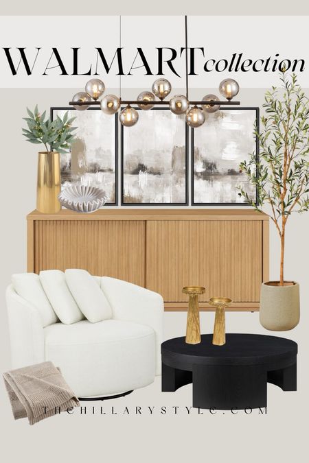 Walmart Collection: neutral home decor and furniture finds for the modern organic home.  White accent chair, boucle chair, reeded sideboard cabinet, framed art set, faux olive tree, black coffee table, gold vase, eucalyptus stems, modern globe chandelier, gold candle holder, throw blanket, white ruffle bowl. #LTKstyletip #LTKhome

#LTKSeasonal