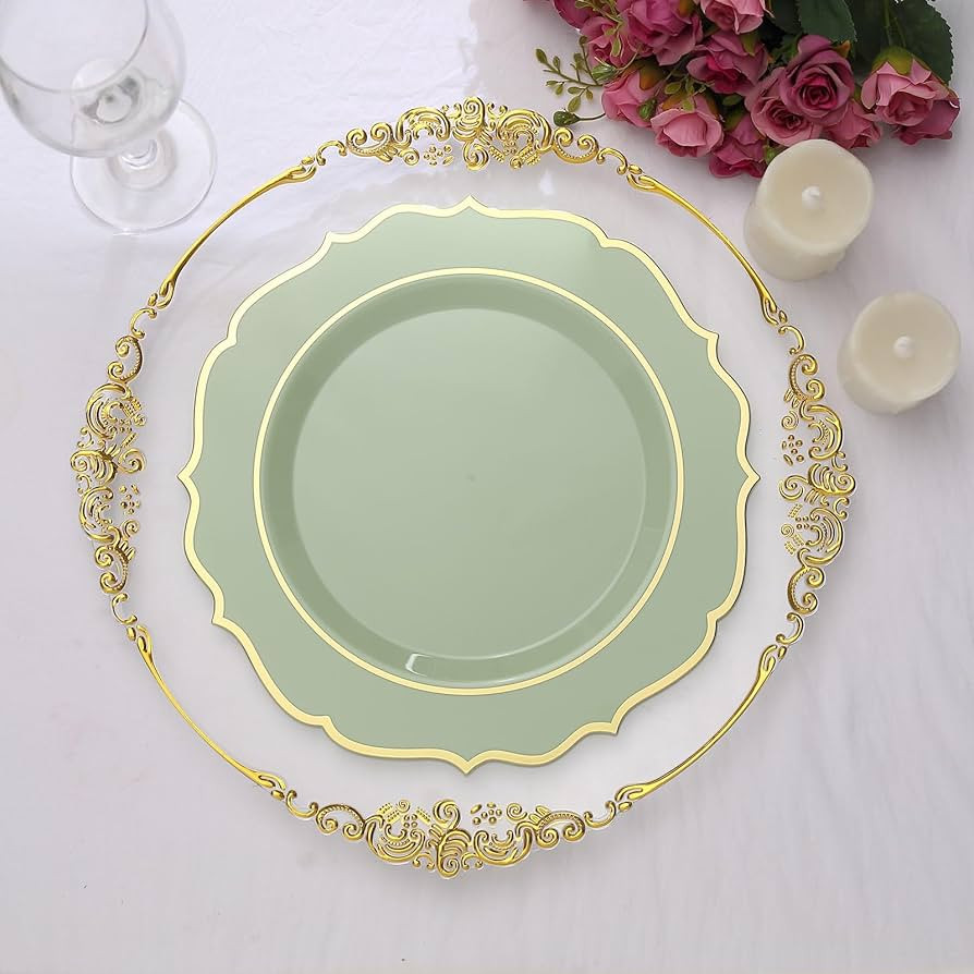 Efavormart 10 Pack | 10" Sage Green Plastic Dinner Plates Disposable Tableware Round With Gold Sc... | Amazon (US)