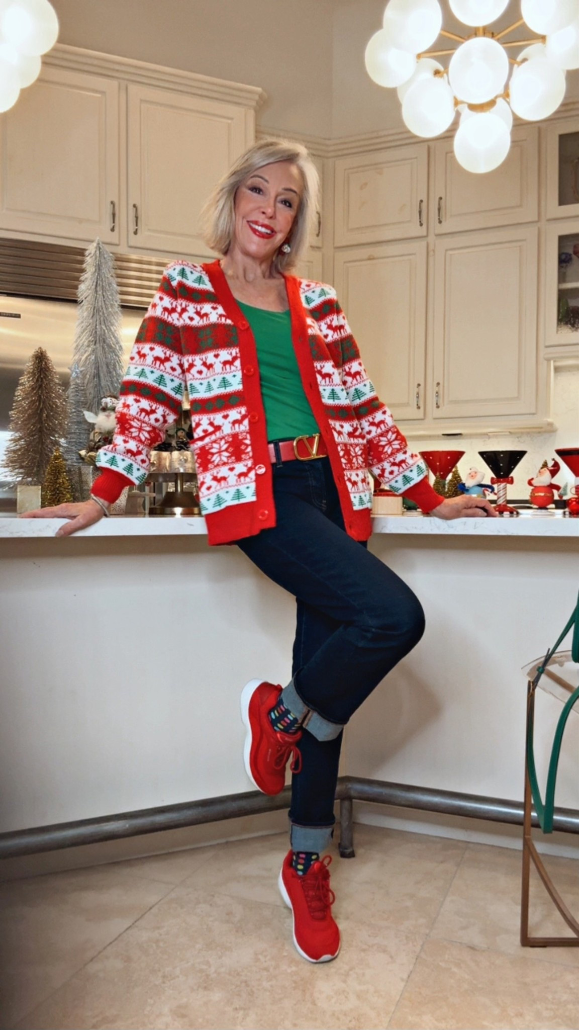  Chunky Knit Cardigan Sweater Long Sleeve V Neck Button up Cardigan with Pocket Sweater Coat for Fall and Winter
Easy Spirit red sneakers wear year round. Straight leg dark denim jeans and green camisole 
Fun Christmas sweaters 

#LTKOver40 #LTKHoliday #LTKootd