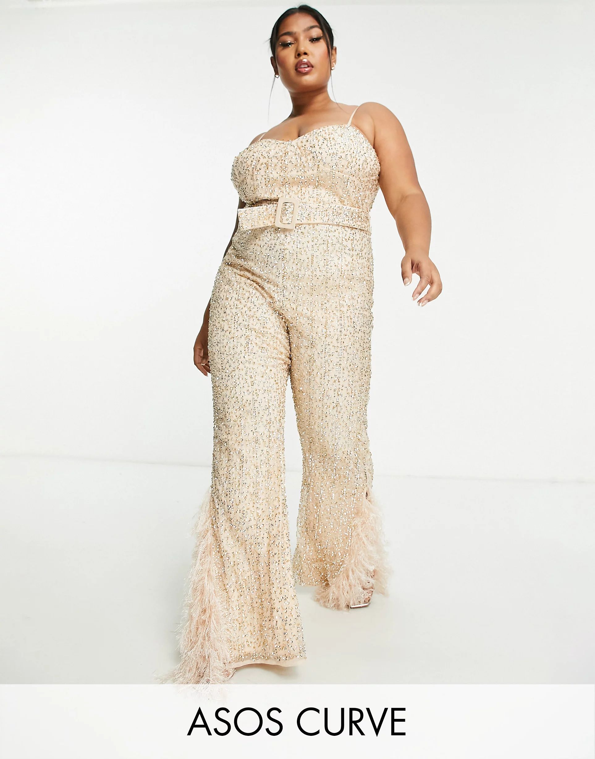 ASOS LUXE Curve embellished belted jumpsuit with faux feather trim in neutral | ASOS (Global)