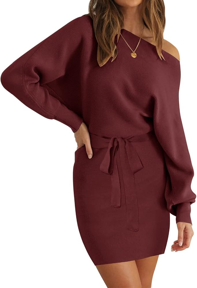 YORGOS Women's Long Batwing Sleeve Off Shoulder Sweater Dress Ribbed Knit Belted Bodycon Mini Dresse | Amazon (US)