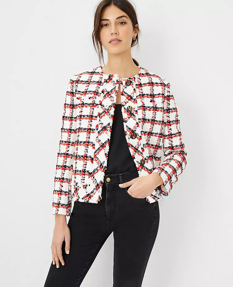 Plaid Fringe Tweed Jacket | Ann Taylor | Ann Taylor (US)