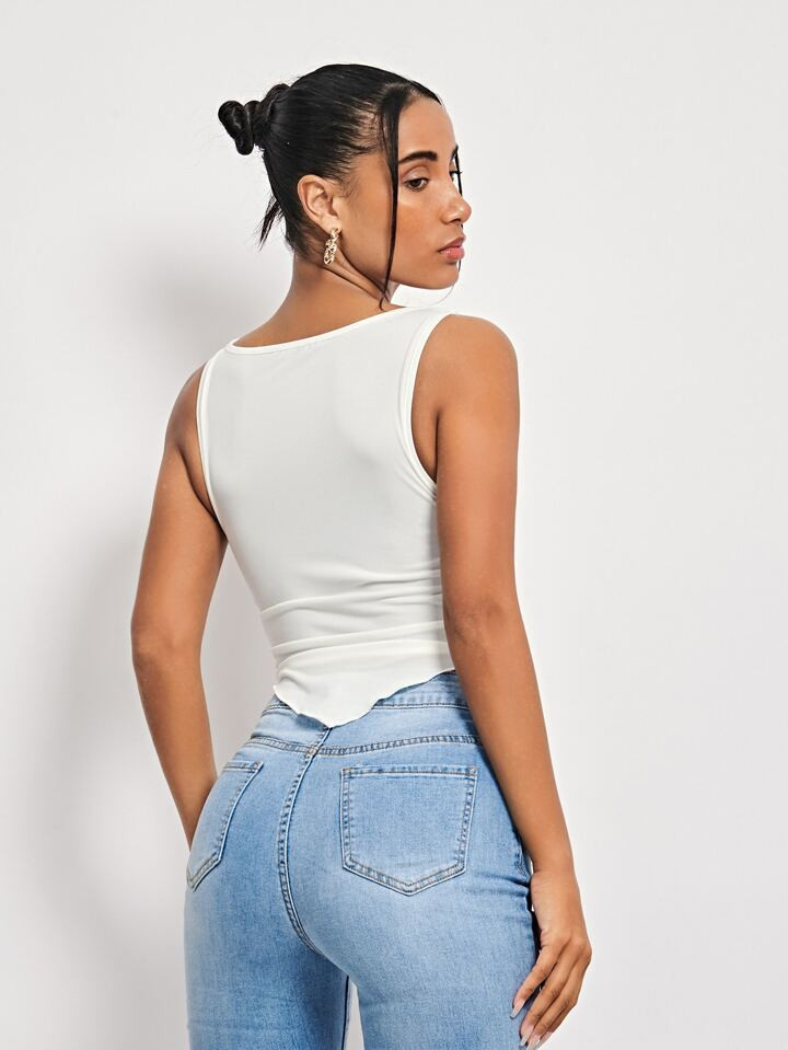 evoluSHEIN Recycled Polyester Draped Collar Ruched Hanky Hem Tank Top | SHEIN