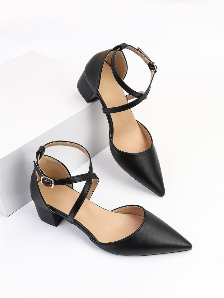 Women Criss Cross Buckle Decor Point Toe Chunky Heeled Pumps, Elegant Ankle Strap Pumps For Outdo... | SHEIN