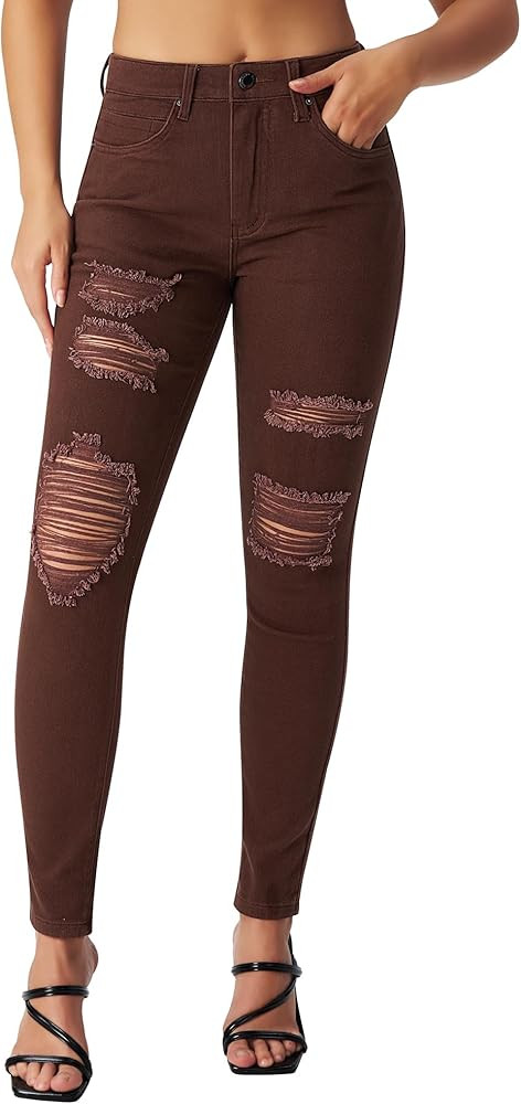 roswear Women's Essentials Ripped Mid Rise Destroyed Skinny Jeans | Amazon (US)