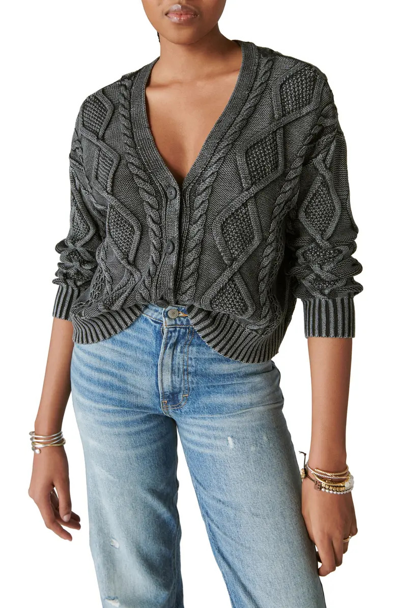 Lucky Brand Cable Stitch Cotton V-Neck Cardigan | Nordstrom | Nordstrom