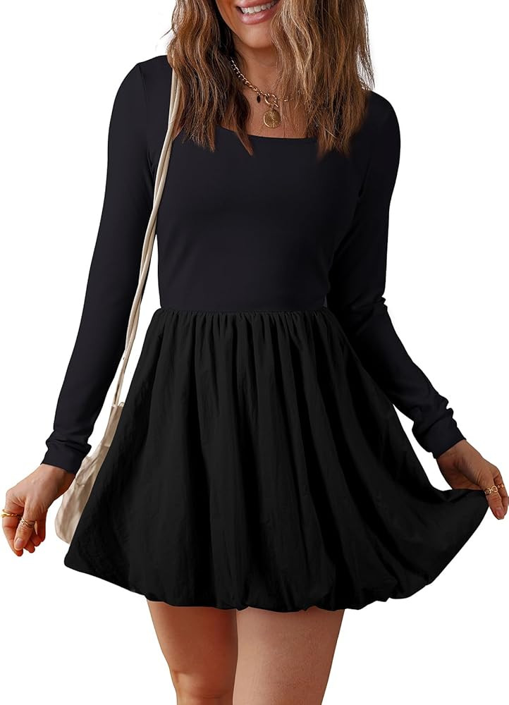 BLENCOT Dresses for Women Fall Long Sleeve Square Neck Bubble Party A Line Mini Dresses | Amazon (US)