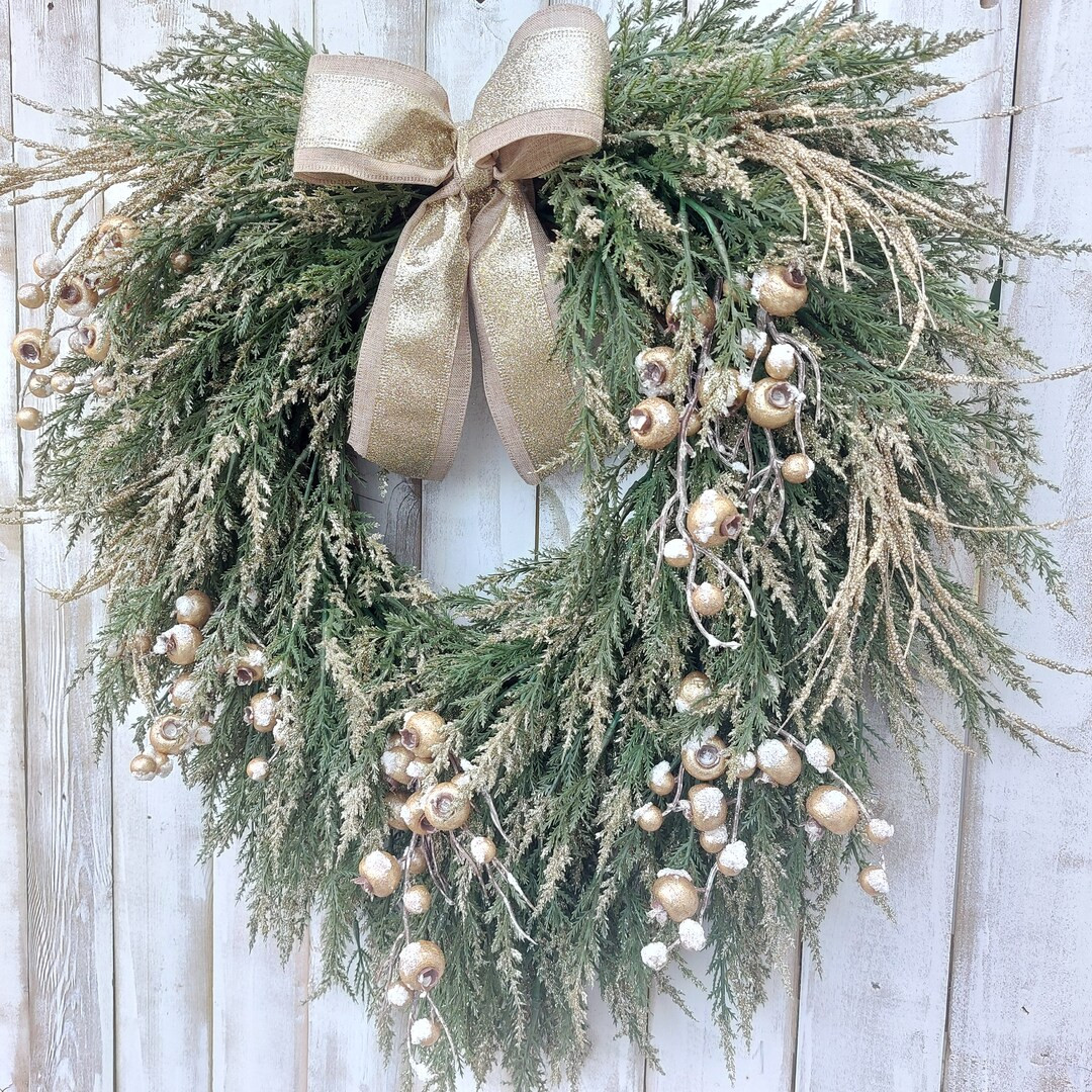 Elegant Christmas Wreath for Front Door, Winter Cascading Wreath, Golden Pine Wreath, Luxury Home... | Etsy (US)
