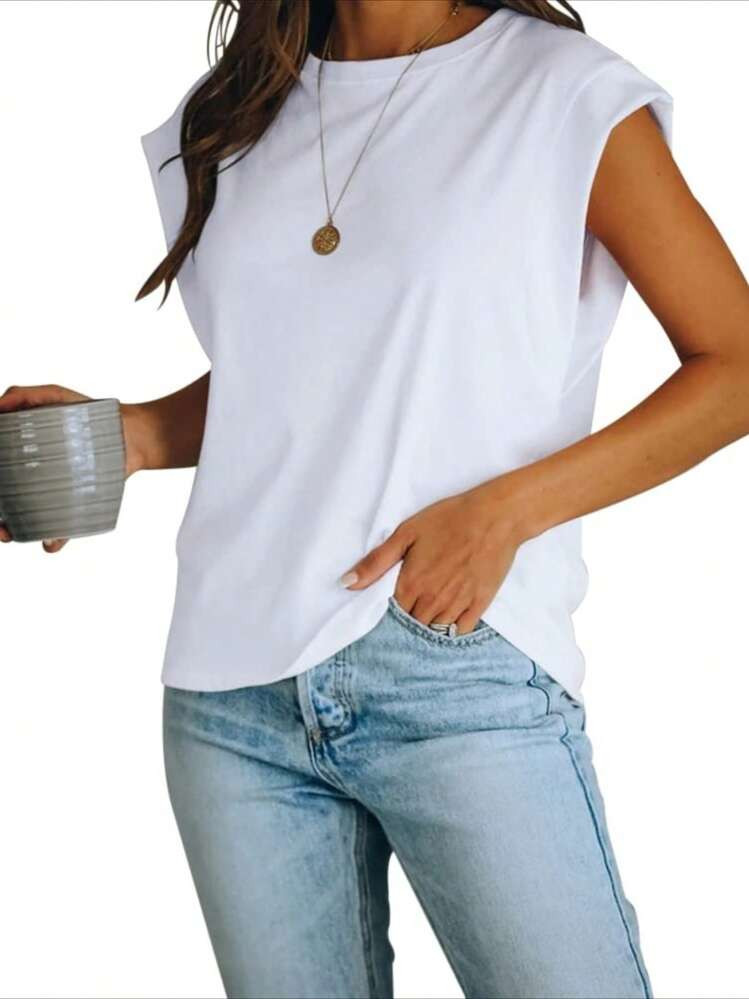 LocalWomen's Cap Sleeve Tank Top Crew Neck T Shirts Loose Fit Basic Summer Casual Tee Tops | SHEIN