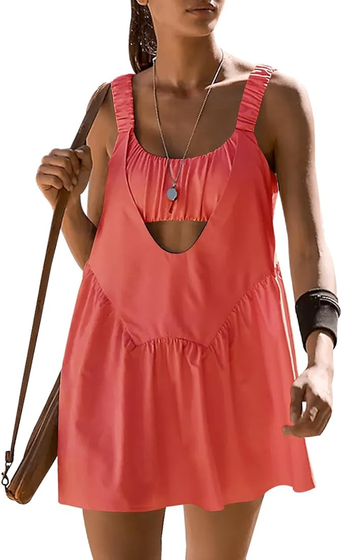 Women Athletic Sleeveless Mini Dress with Built in Bra and Shorts Spaghetti Straps Tennis Romper ... | Amazon (US)