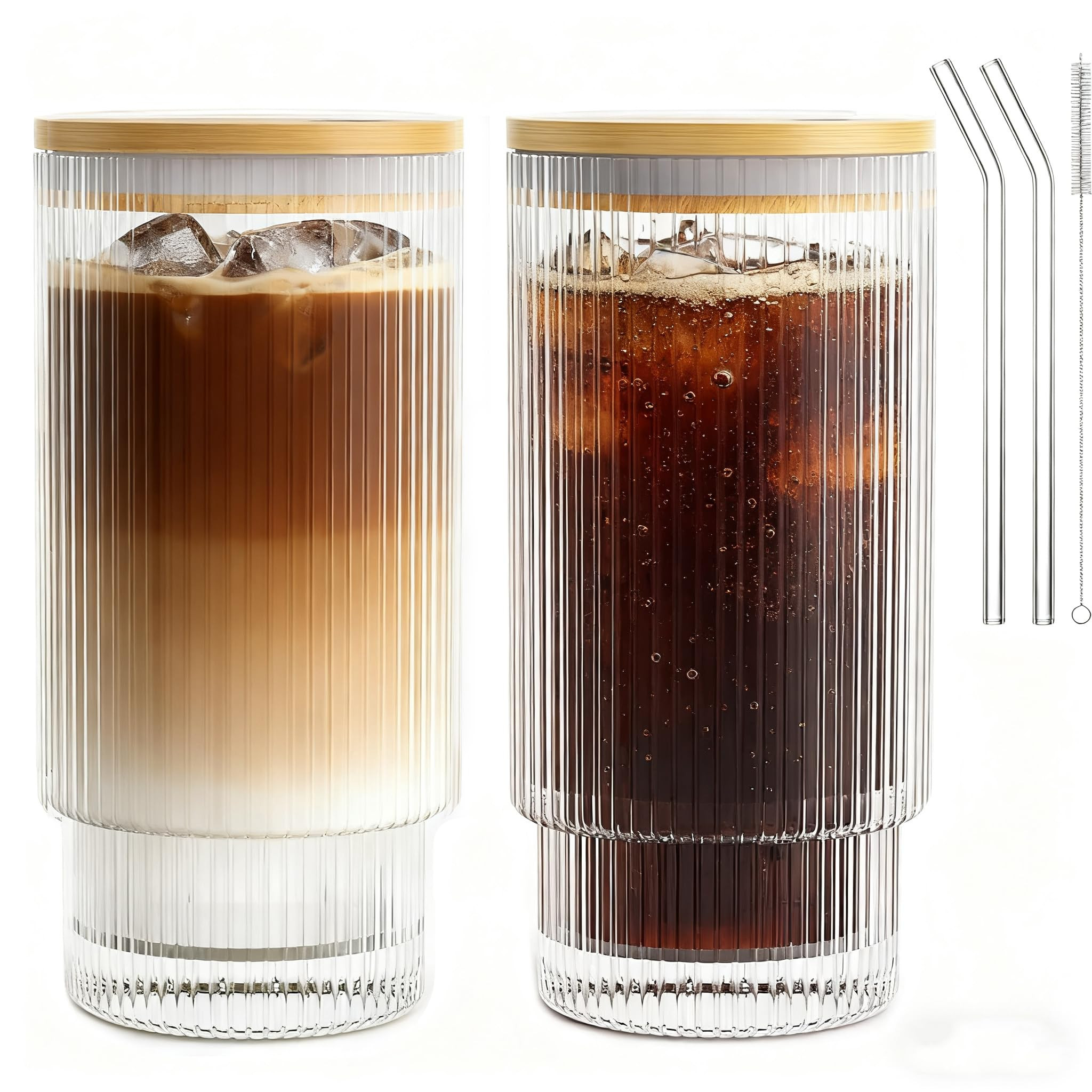 16OZ Ribbed Glass Cups with Lids and Straws,Iced Coffee Cups with Bamboo Lid,Vintage Glassware fo... | Amazon (US)