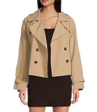 Remy Twill Notch Lapel V-Neck Double Breasted Button Front Long Sleeve Crop Topcoat | Dillard's