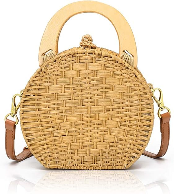 Hand-Woven Round Rattan Wooden Handle Tote Bag Summer Beach Straw Crossbody Bag Shoulder Bag with... | Amazon (US)