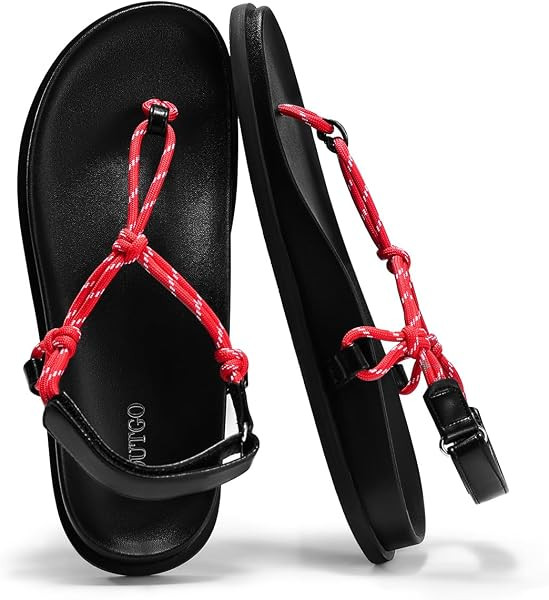 Coutgo Womens T Strap Flat Sandals Open Toe Flip Flops Adjustable Ankle Strap Summer Beach Thong ... | Amazon (US)