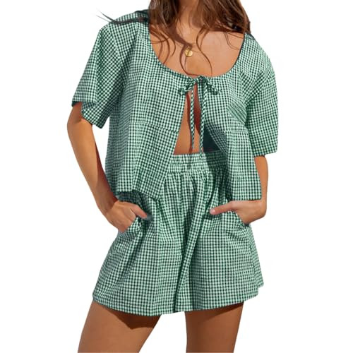Women Front Tie Lounge Shorts Sets Striped Puff Short Sleeve Peplum Shirts Bow Blouse and Shorts Set 2Pcs (Green2, L) | Amazon (US)