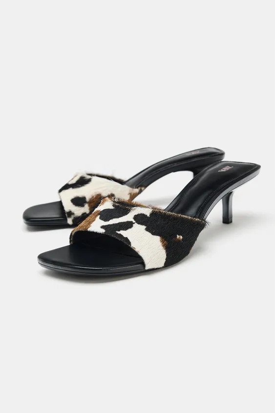 Leather heeled sandals. Mule style. Textured animal print upper. Thin kitten heel. Irregular roun... | Zara US