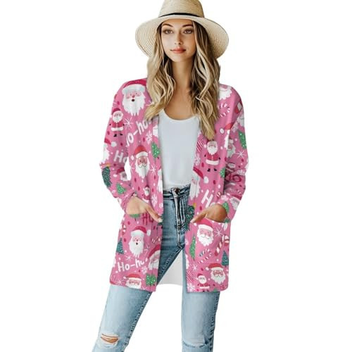 Jndtueit Christmas Santa Claus Print Women's Pink Cardigan Costume Clothing Cardigans Sweaters Trendy Long Sleeve Dusters Decent Elegant Coat for Fall Winter | Amazon (US)
