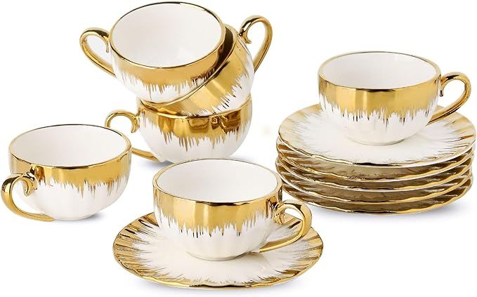 Espresso Cups and Saucers, Porcelain Coffee Cup and Saucer Set with Gold Trim, 2.5 oz Demitasse C... | Amazon (US)