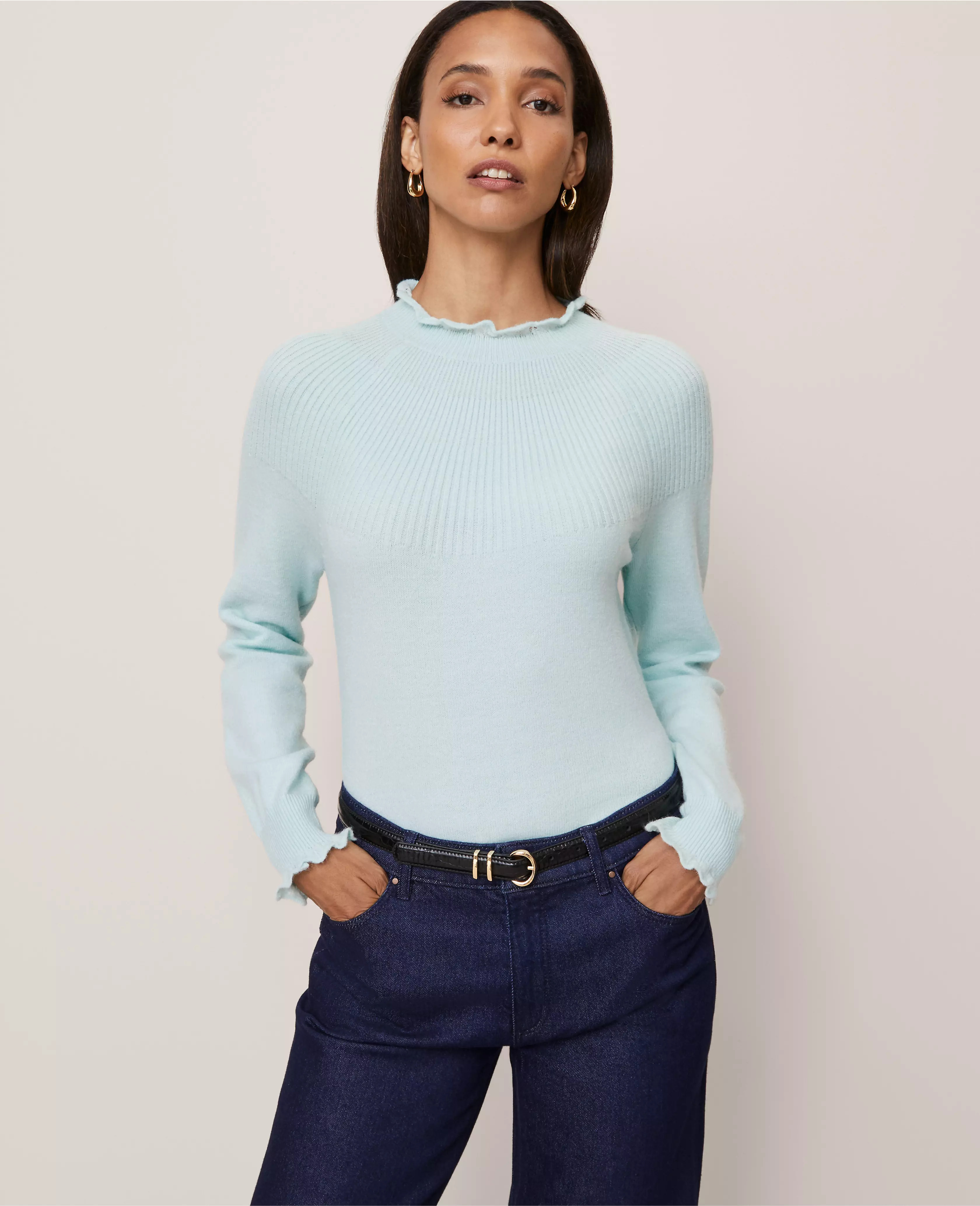 Ruffle Trimmed Mock Neck Sweater | Ann Taylor