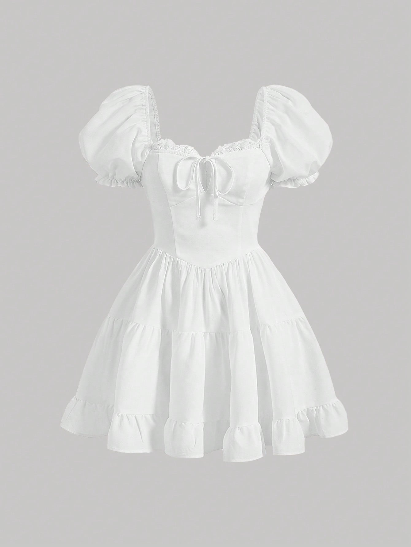 SHEIN MOD Puff Sleeve Frill Trim Tie Front Ruffle Hem Dress | SHEIN