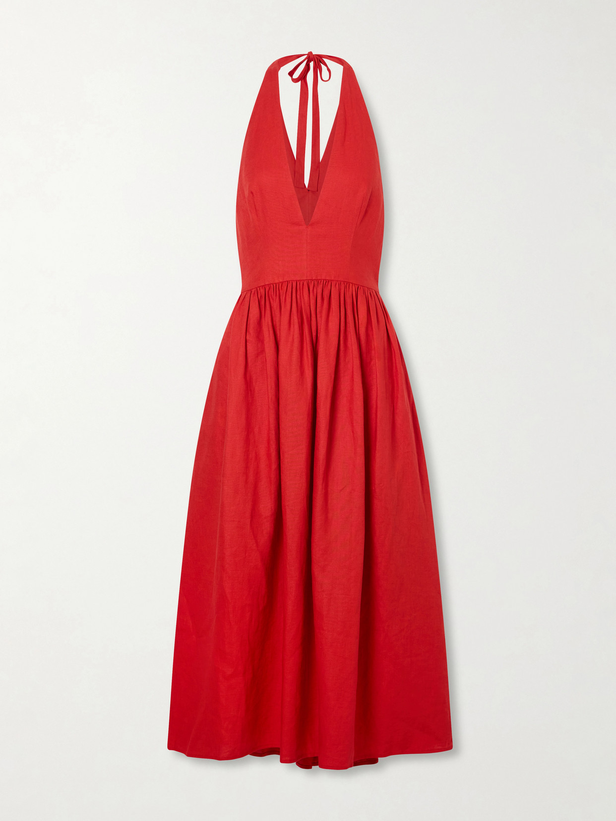 STAUD - Grazia Gathered Linen Midi Dress - US0 | NET-A-PORTER (US)