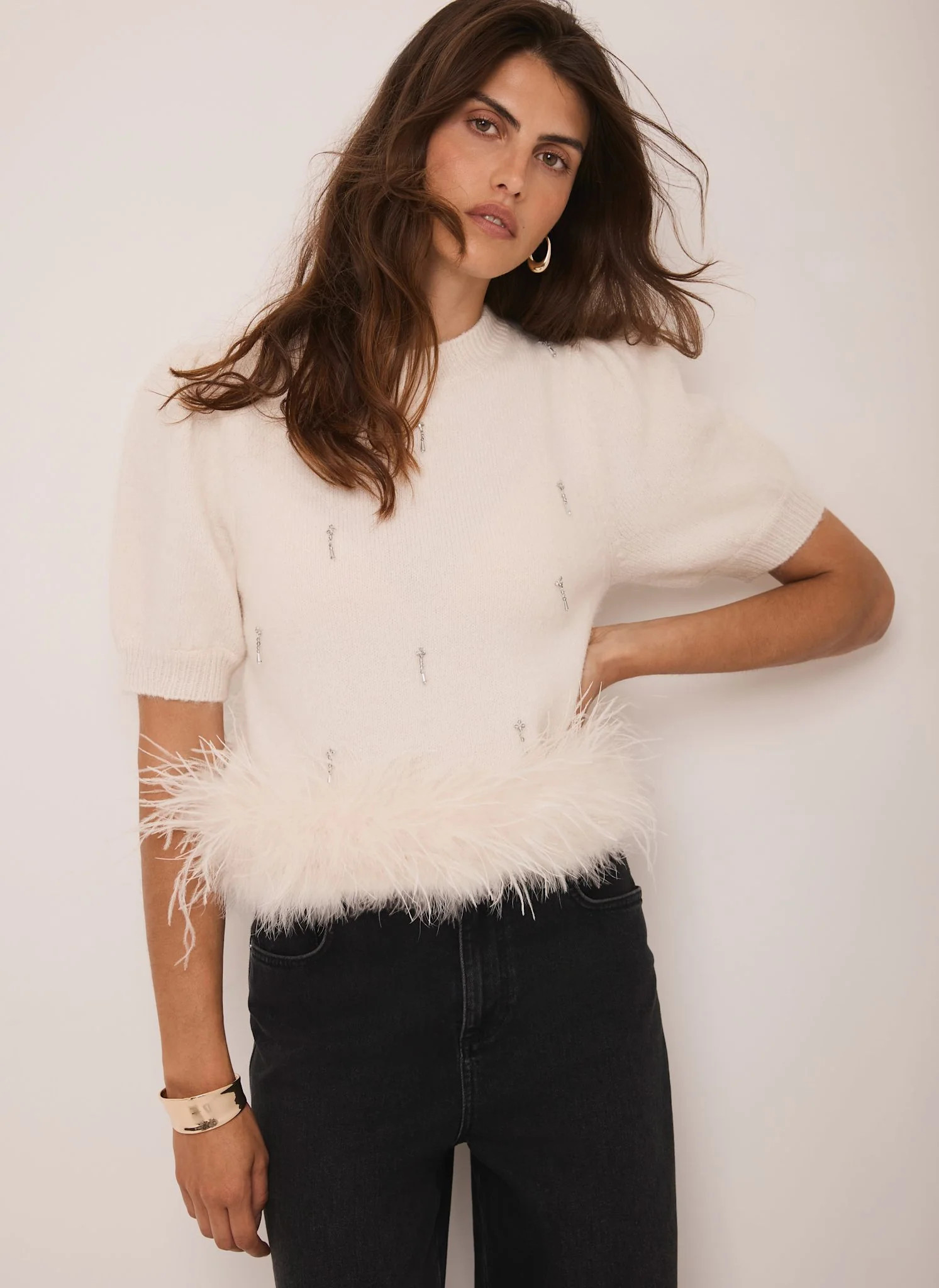 Cream Embellished Feather Trim Knit Top | Mint Velvet