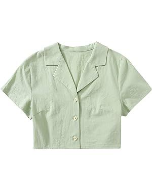 SweatyRocks Women's Short Sleeve Lapel Collar Button Down Shirt Plain Crop Top Blouse | Amazon (US)