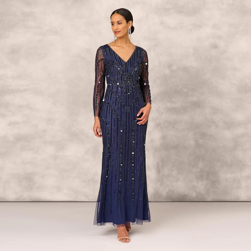 Hand Beaded Illusion Long Mermaid Gown In Navy | Adrianna Papell