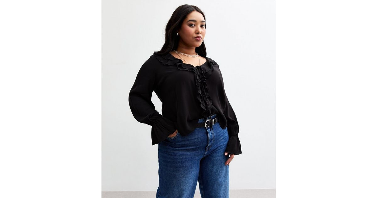 Curves Black Ruffle Trim Blouse | New Look | New Look (UK)