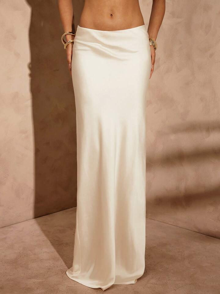 Hauture Women's Summer Sexy Night Out Vacay Ivory Satin Low Drape Back Detail Maxi Skirt | SHEIN