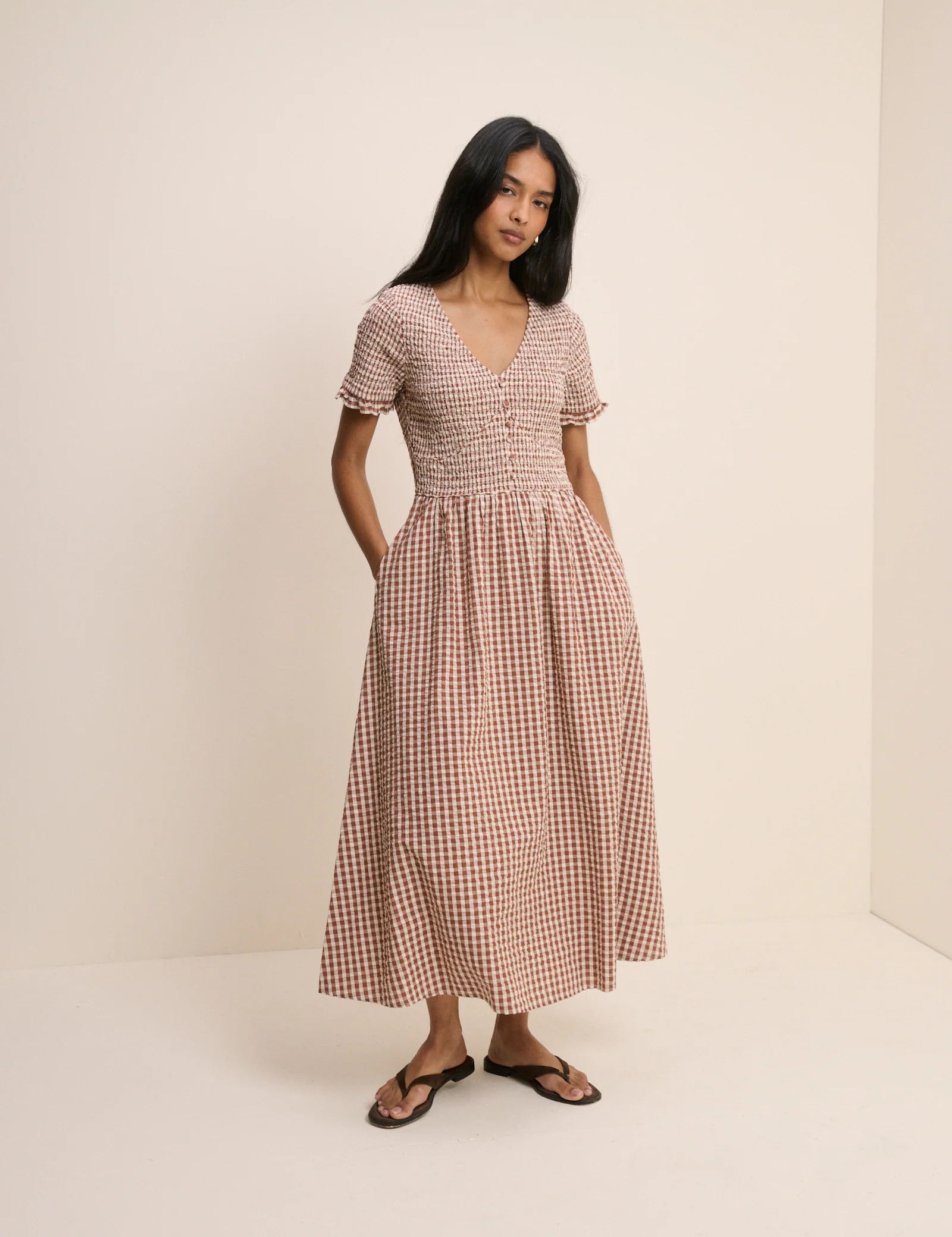 Brown Gingham Shirred Eliza Midi Dress | Nobody's Child