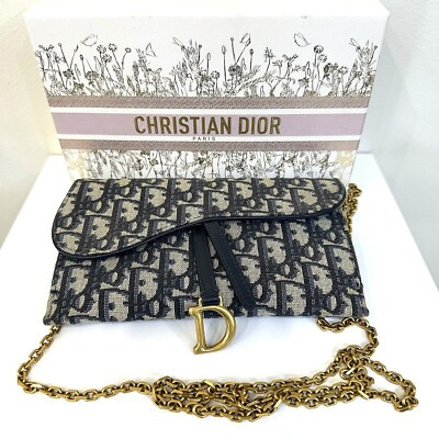 Dior Oblique Jacquard Saddle Crossbody Small Pouch Blue with Chain | eBay US