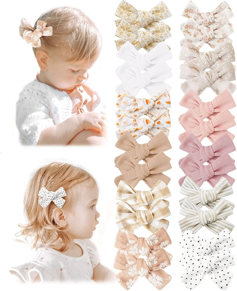 Niceye Baby Hair Clips - 24 Pcs Fully Lined Hair Bow Clips for Fine Hair Cotton Tiny Hair Barrett... | Amazon (US)