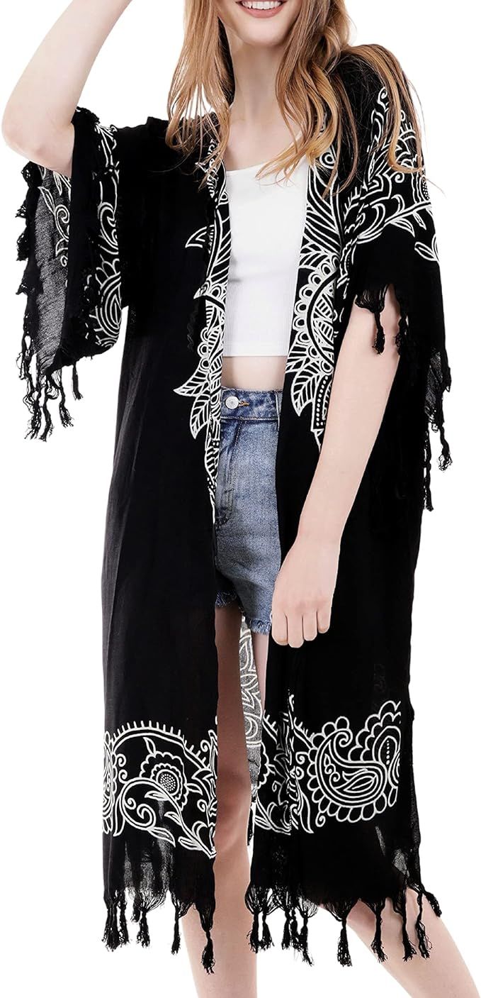 Kimonos for Women Cardigan Handmade Print Soft Cotton Tassel Swimwear | Amazon (US)